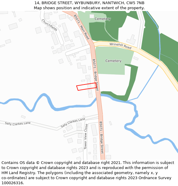 14, BRIDGE STREET, WYBUNBURY, NANTWICH, CW5 7NB: Location map and indicative extent of plot