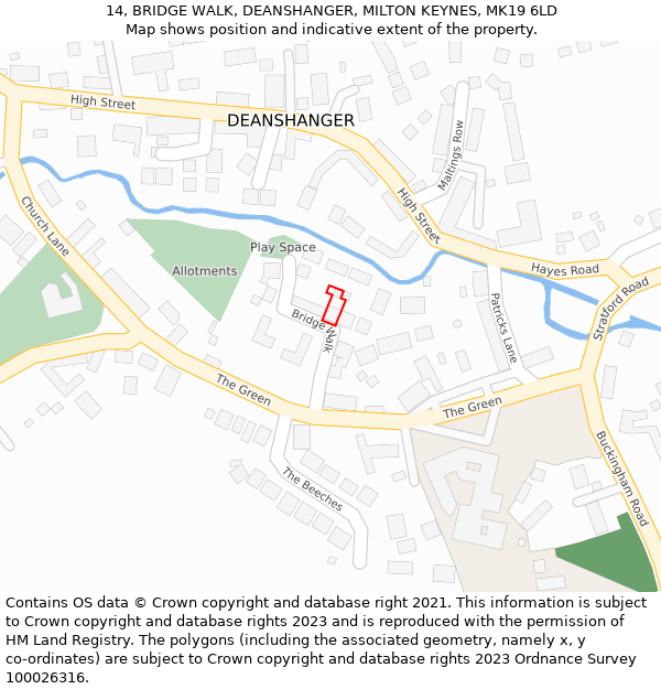 14, BRIDGE WALK, DEANSHANGER, MILTON KEYNES, MK19 6LD: Location map and indicative extent of plot