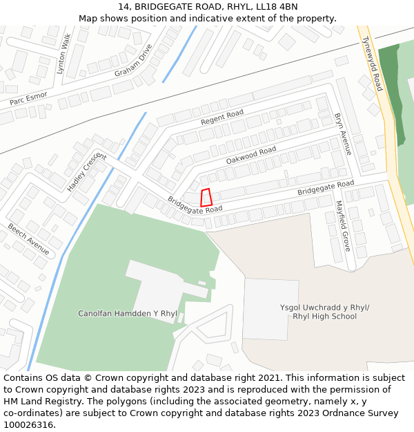 14, BRIDGEGATE ROAD, RHYL, LL18 4BN: Location map and indicative extent of plot