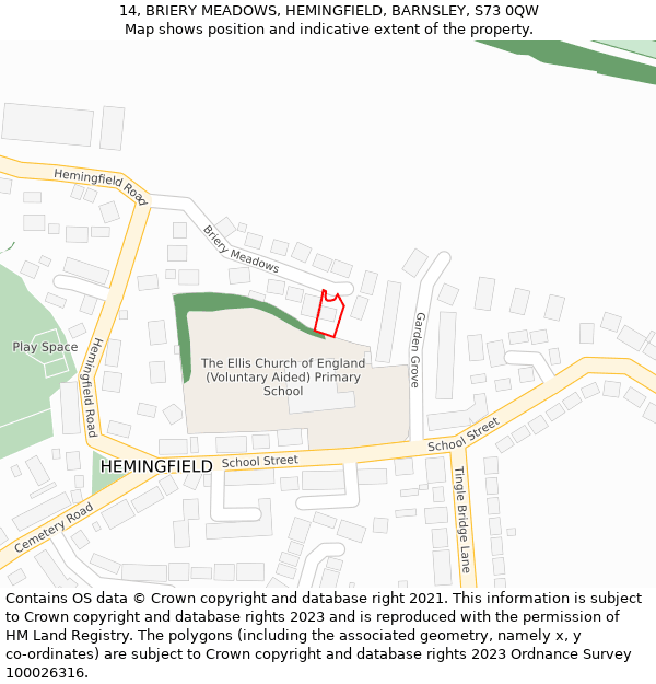14, BRIERY MEADOWS, HEMINGFIELD, BARNSLEY, S73 0QW: Location map and indicative extent of plot