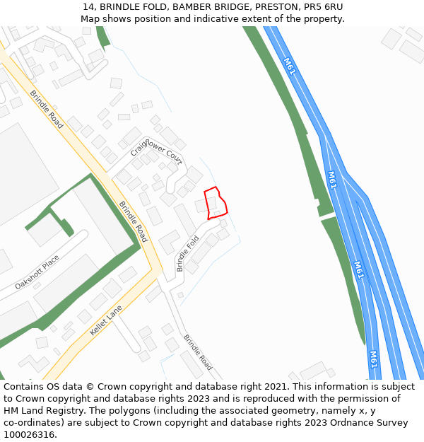 14, BRINDLE FOLD, BAMBER BRIDGE, PRESTON, PR5 6RU: Location map and indicative extent of plot