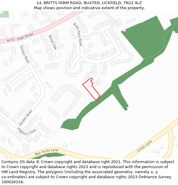 14, BRITTS FARM ROAD, BUXTED, UCKFIELD, TN22 4LZ: Location map and indicative extent of plot