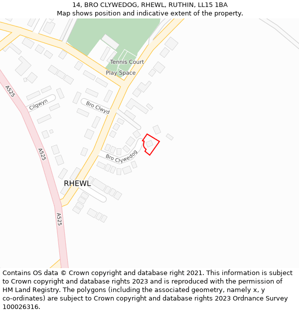 14, BRO CLYWEDOG, RHEWL, RUTHIN, LL15 1BA: Location map and indicative extent of plot