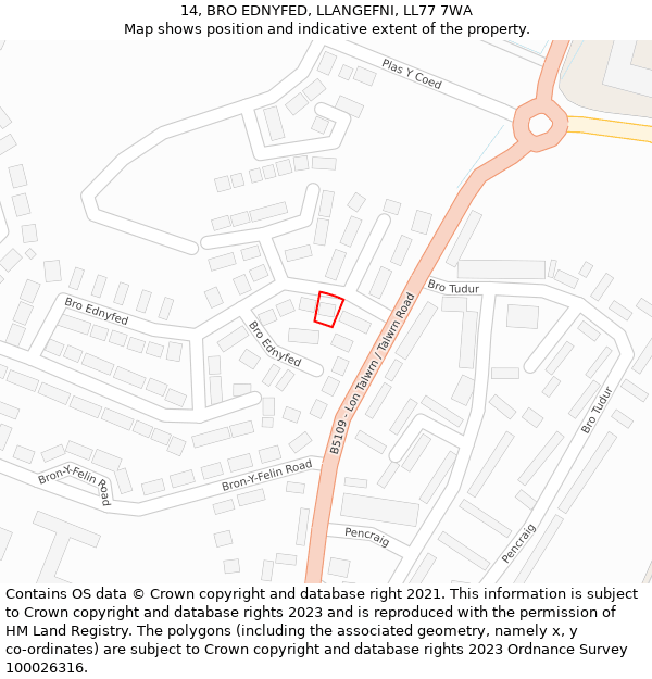 14, BRO EDNYFED, LLANGEFNI, LL77 7WA: Location map and indicative extent of plot