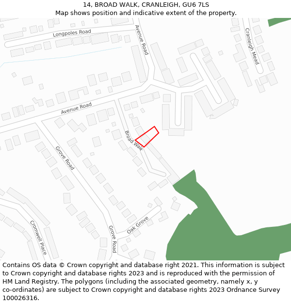 14, BROAD WALK, CRANLEIGH, GU6 7LS: Location map and indicative extent of plot