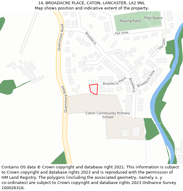 14, BROADACRE PLACE, CATON, LANCASTER, LA2 9NL: Location map and indicative extent of plot