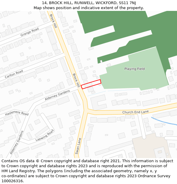 14, BROCK HILL, RUNWELL, WICKFORD, SS11 7NJ: Location map and indicative extent of plot