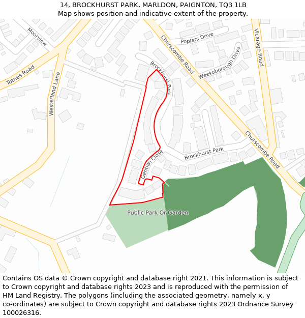 14, BROCKHURST PARK, MARLDON, PAIGNTON, TQ3 1LB: Location map and indicative extent of plot