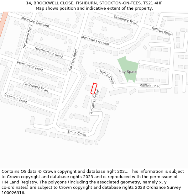 14, BROCKWELL CLOSE, FISHBURN, STOCKTON-ON-TEES, TS21 4HF: Location map and indicative extent of plot