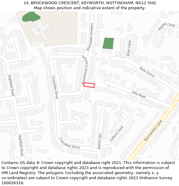 14, BROCKWOOD CRESCENT, KEYWORTH, NOTTINGHAM, NG12 5HQ: Location map and indicative extent of plot