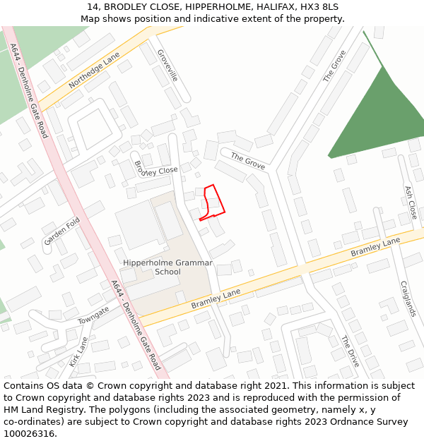 14, BRODLEY CLOSE, HIPPERHOLME, HALIFAX, HX3 8LS: Location map and indicative extent of plot