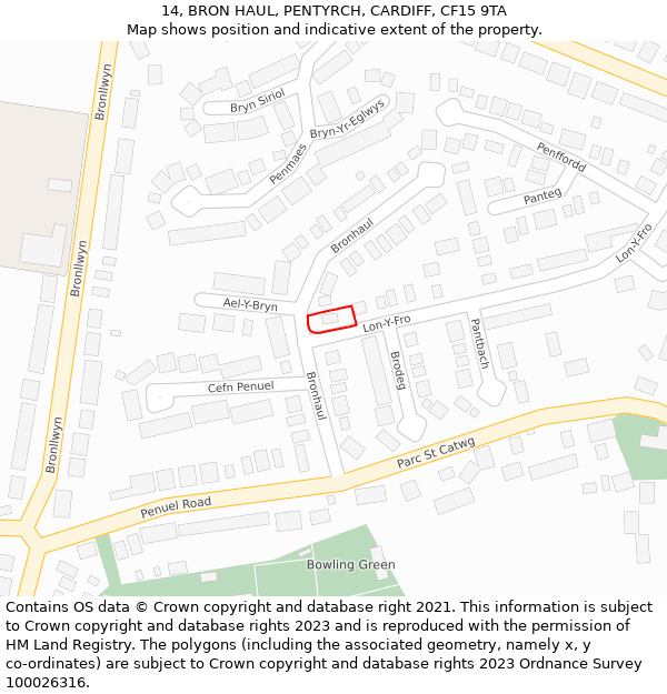 14, BRON HAUL, PENTYRCH, CARDIFF, CF15 9TA: Location map and indicative extent of plot