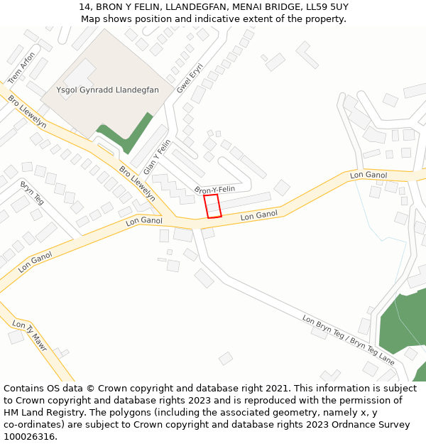14, BRON Y FELIN, LLANDEGFAN, MENAI BRIDGE, LL59 5UY: Location map and indicative extent of plot