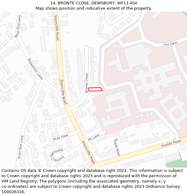 14, BRONTE CLOSE, DEWSBURY, WF13 4SA: Location map and indicative extent of plot