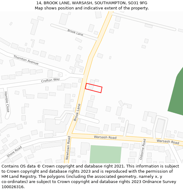 14, BROOK LANE, WARSASH, SOUTHAMPTON, SO31 9FG: Location map and indicative extent of plot