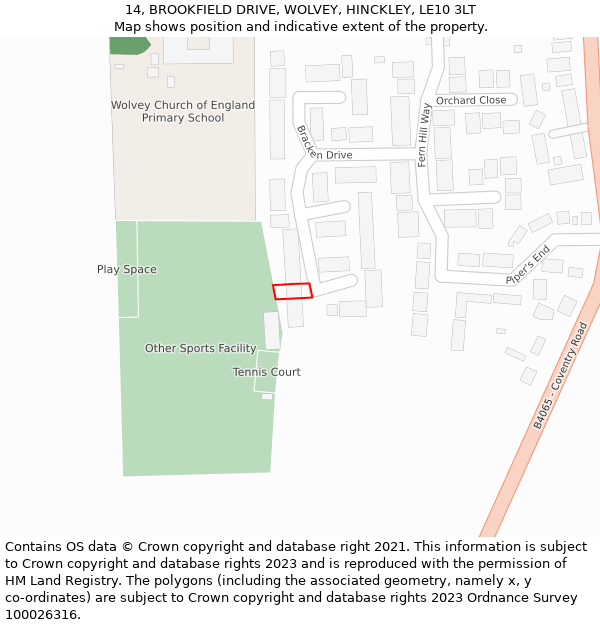 14, BROOKFIELD DRIVE, WOLVEY, HINCKLEY, LE10 3LT: Location map and indicative extent of plot