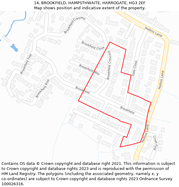 14, BROOKFIELD, HAMPSTHWAITE, HARROGATE, HG3 2EF: Location map and indicative extent of plot