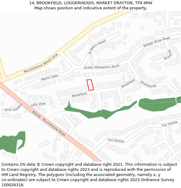 14, BROOKFIELD, LOGGERHEADS, MARKET DRAYTON, TF9 4RW: Location map and indicative extent of plot