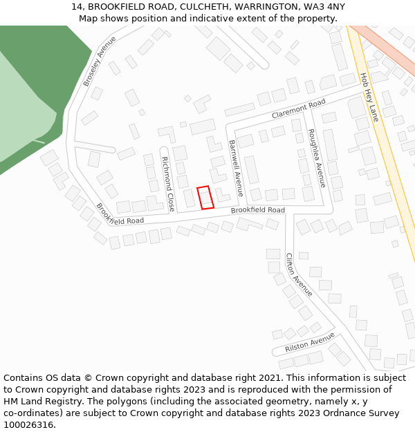14, BROOKFIELD ROAD, CULCHETH, WARRINGTON, WA3 4NY: Location map and indicative extent of plot