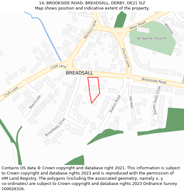 14, BROOKSIDE ROAD, BREADSALL, DERBY, DE21 5LF: Location map and indicative extent of plot