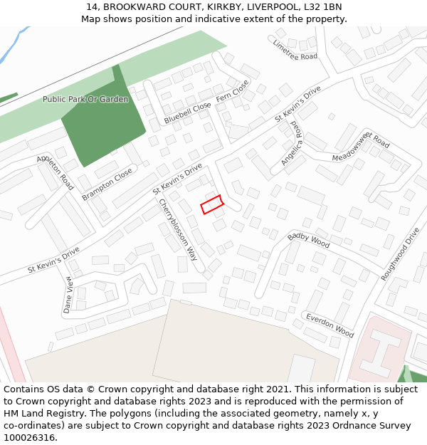 14, BROOKWARD COURT, KIRKBY, LIVERPOOL, L32 1BN: Location map and indicative extent of plot