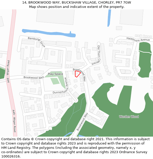 14, BROOKWOOD WAY, BUCKSHAW VILLAGE, CHORLEY, PR7 7GW: Location map and indicative extent of plot