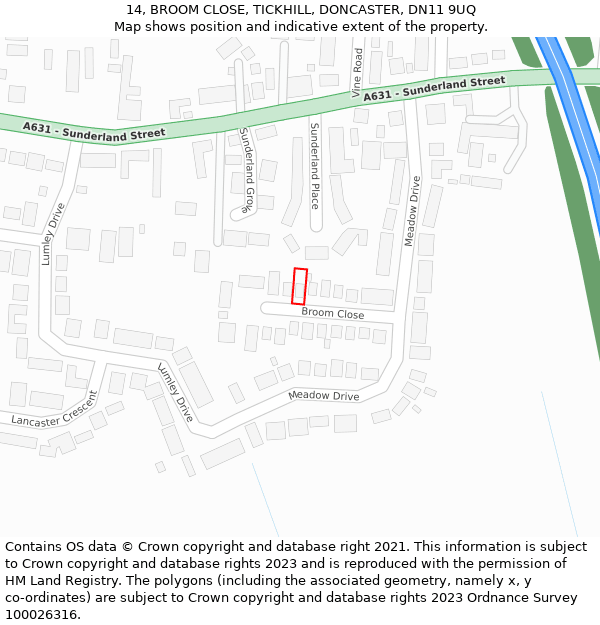 14, BROOM CLOSE, TICKHILL, DONCASTER, DN11 9UQ: Location map and indicative extent of plot