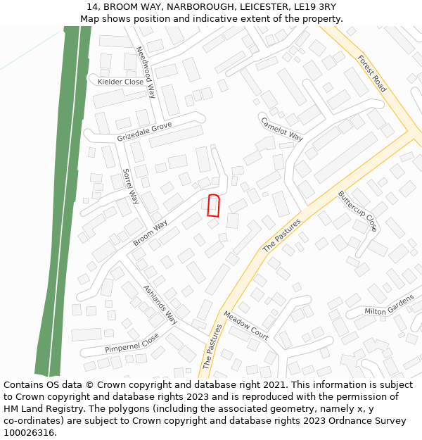 14, BROOM WAY, NARBOROUGH, LEICESTER, LE19 3RY: Location map and indicative extent of plot