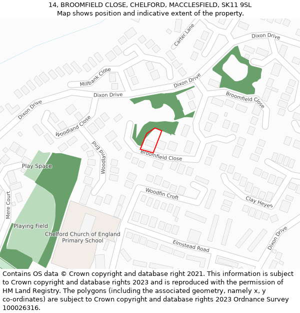 14, BROOMFIELD CLOSE, CHELFORD, MACCLESFIELD, SK11 9SL: Location map and indicative extent of plot