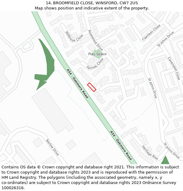 14, BROOMFIELD CLOSE, WINSFORD, CW7 2US: Location map and indicative extent of plot