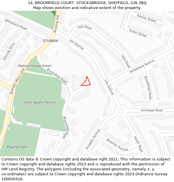 14, BROOMFIELD COURT, STOCKSBRIDGE, SHEFFIELD, S36 2BQ: Location map and indicative extent of plot