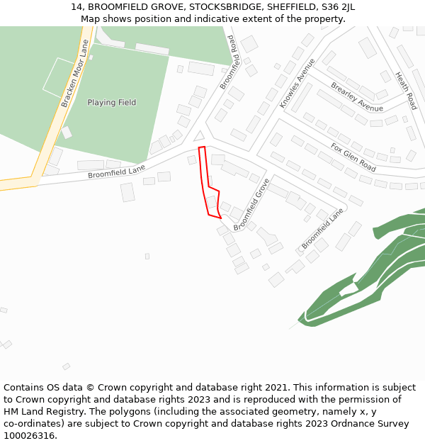 14, BROOMFIELD GROVE, STOCKSBRIDGE, SHEFFIELD, S36 2JL: Location map and indicative extent of plot