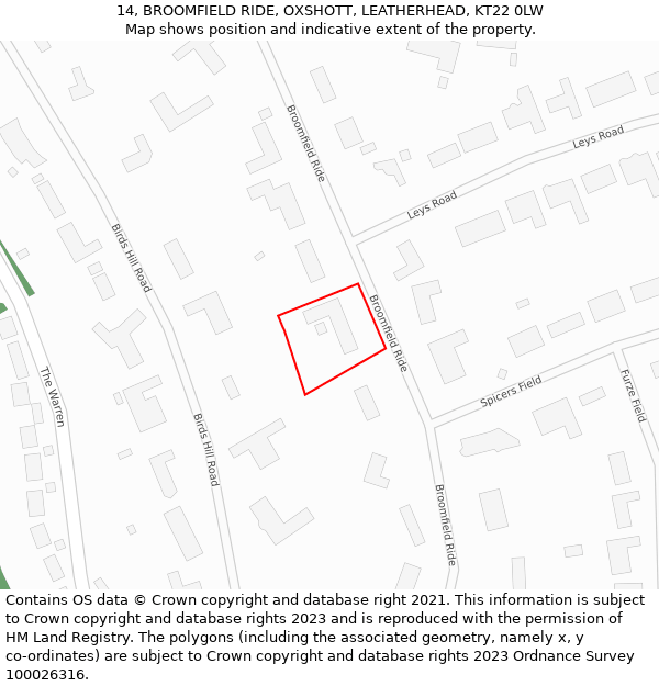 14, BROOMFIELD RIDE, OXSHOTT, LEATHERHEAD, KT22 0LW: Location map and indicative extent of plot