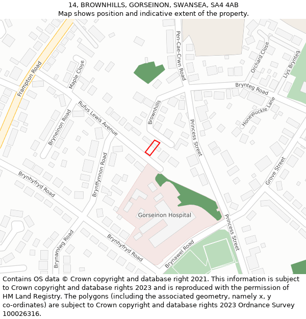 14, BROWNHILLS, GORSEINON, SWANSEA, SA4 4AB: Location map and indicative extent of plot