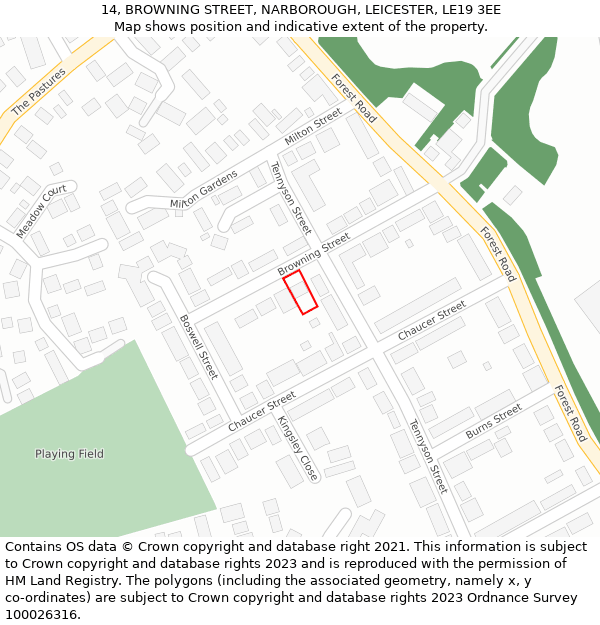 14, BROWNING STREET, NARBOROUGH, LEICESTER, LE19 3EE: Location map and indicative extent of plot