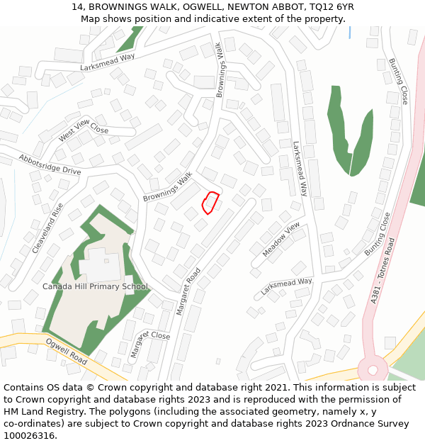 14, BROWNINGS WALK, OGWELL, NEWTON ABBOT, TQ12 6YR: Location map and indicative extent of plot