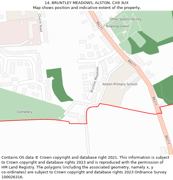 14, BRUNTLEY MEADOWS, ALSTON, CA9 3UX: Location map and indicative extent of plot