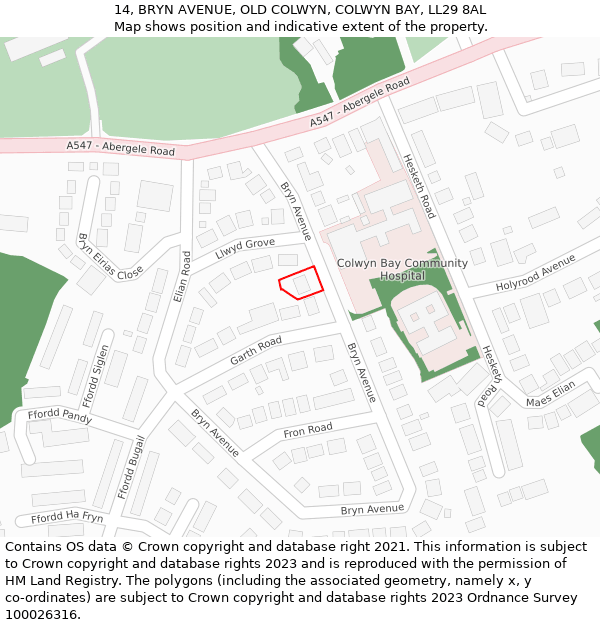 14, BRYN AVENUE, OLD COLWYN, COLWYN BAY, LL29 8AL: Location map and indicative extent of plot