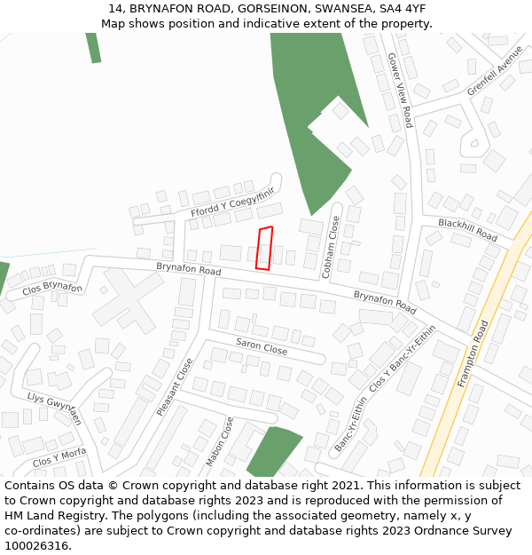 14, BRYNAFON ROAD, GORSEINON, SWANSEA, SA4 4YF: Location map and indicative extent of plot