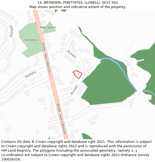 14, BRYNDERI, PONTYATES, LLANELLI, SA15 5SU: Location map and indicative extent of plot