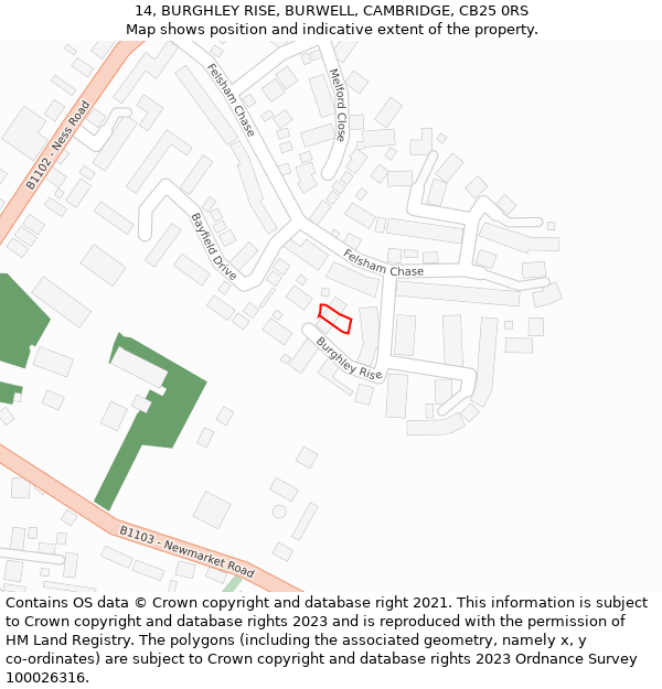 14, BURGHLEY RISE, BURWELL, CAMBRIDGE, CB25 0RS: Location map and indicative extent of plot