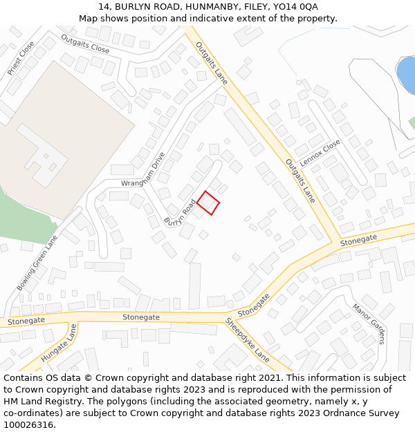 14, BURLYN ROAD, HUNMANBY, FILEY, YO14 0QA: Location map and indicative extent of plot