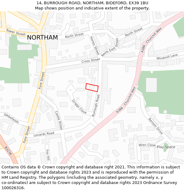 14, BURROUGH ROAD, NORTHAM, BIDEFORD, EX39 1BU: Location map and indicative extent of plot