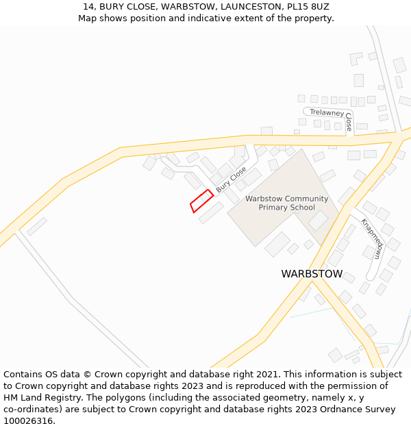 14, BURY CLOSE, WARBSTOW, LAUNCESTON, PL15 8UZ: Location map and indicative extent of plot