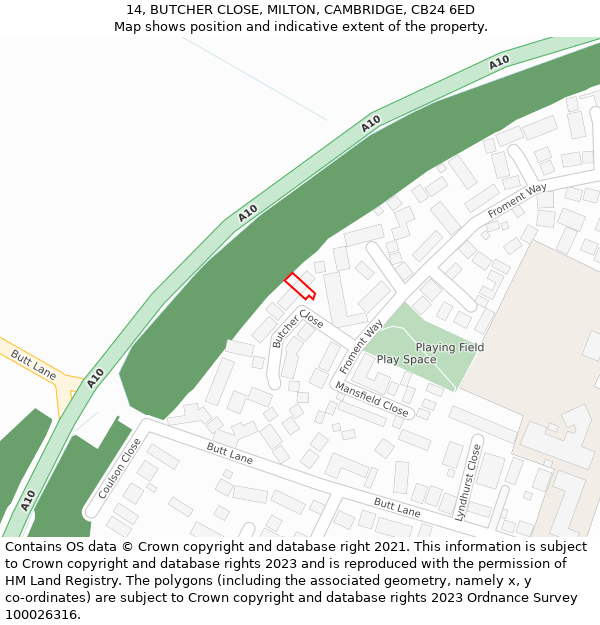 14, BUTCHER CLOSE, MILTON, CAMBRIDGE, CB24 6ED: Location map and indicative extent of plot