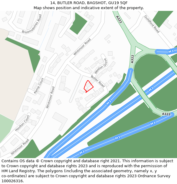 14, BUTLER ROAD, BAGSHOT, GU19 5QF: Location map and indicative extent of plot