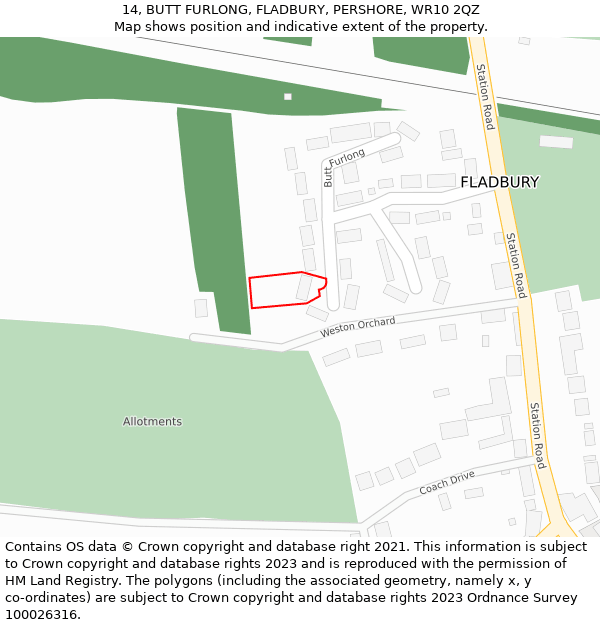 14, BUTT FURLONG, FLADBURY, PERSHORE, WR10 2QZ: Location map and indicative extent of plot