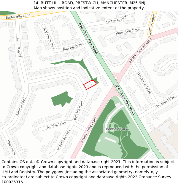 14, BUTT HILL ROAD, PRESTWICH, MANCHESTER, M25 9NJ: Location map and indicative extent of plot