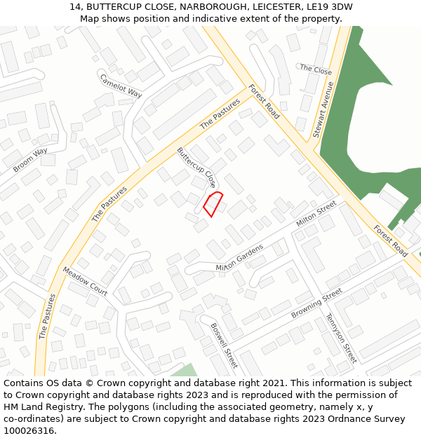 14, BUTTERCUP CLOSE, NARBOROUGH, LEICESTER, LE19 3DW: Location map and indicative extent of plot