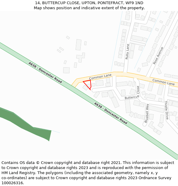 14, BUTTERCUP CLOSE, UPTON, PONTEFRACT, WF9 1ND: Location map and indicative extent of plot